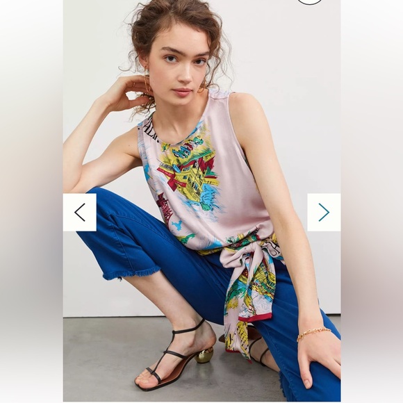 Paris Print Postcard Wrap Tie Waist Top Tiny/ Anthropologie Sleeveless Summer M - Picture 1 of 8